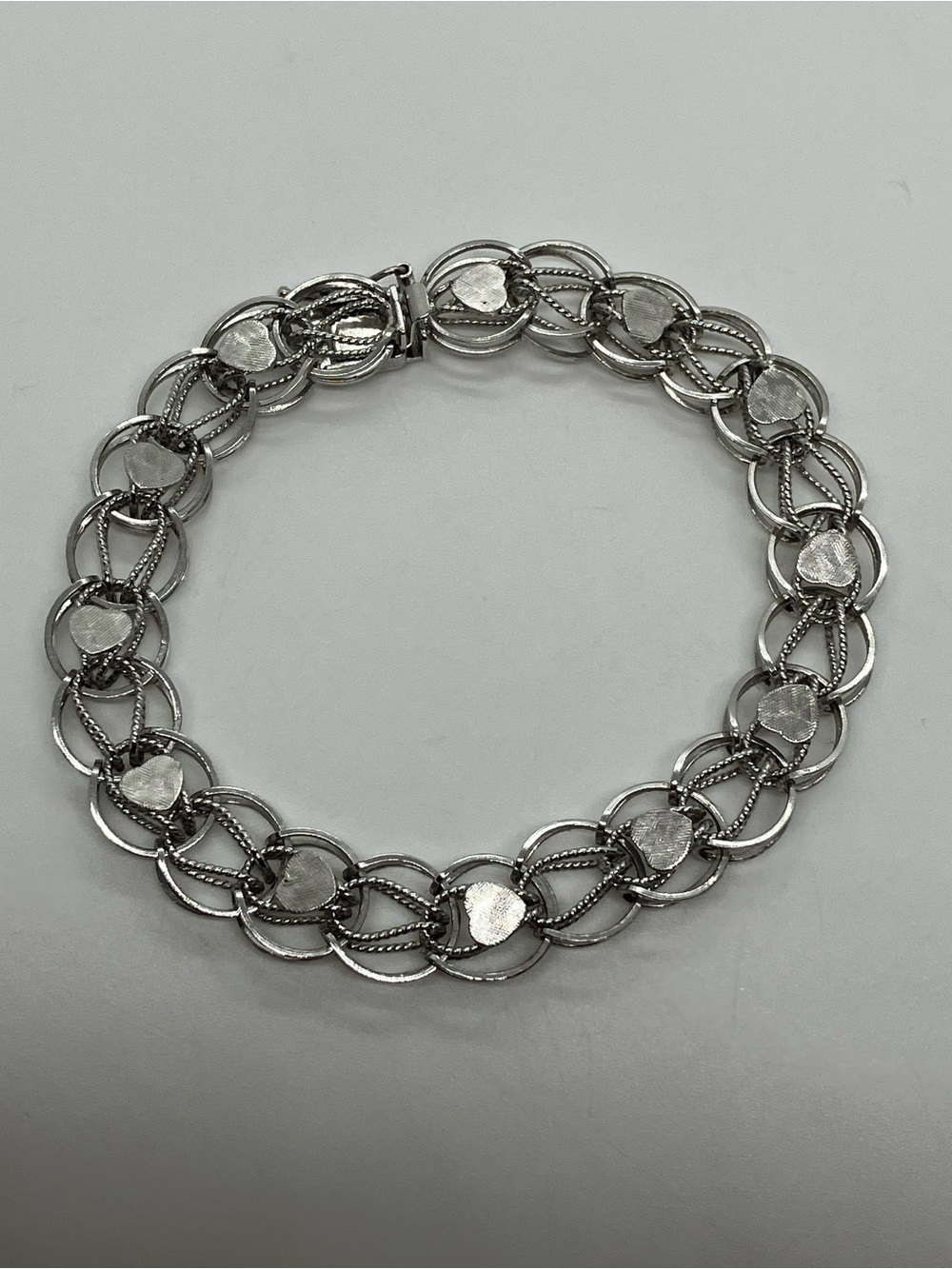 VTG Sterling Woven Link Heart Accent Charm Bracelet Slide Lock Clasp | 7.6”